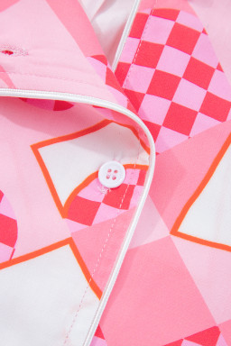 Pink Heart Print Shirt Style Silky Short Pajama Set