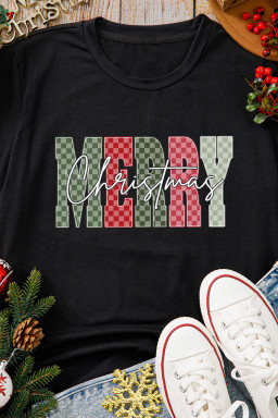 Black Plaid Checkered MERRY Christmas Graphic Crew Neck Tee