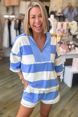 Sky Blue Stripe Seam Detail Half Zip Tee Casual Shorts 2pcs Set