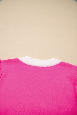 Bright Pink XOXO Embroidered Graphic Valentines Contrast Trim Crew Neck Short Puff Sleeve Sweater Tee