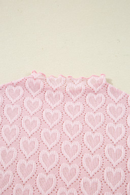 Gossamer Pink Heart Jacquard Flare Sleeve Mock Neck Fitted Top