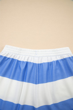 Sky Blue Stripe Seam Detail Half Zip Tee Casual Shorts 2pcs Set