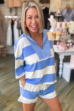 Sky Blue Stripe Seam Detail Half Zip Tee Casual Shorts 2pcs Set