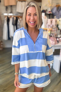Sky Blue Stripe Seam Detail Half Zip Tee Casual Shorts 2pcs Set