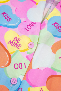 Pink Valentines Candy Heart V Neck Collared Tunic Shirt and Shorts 2pcs Pajama Set