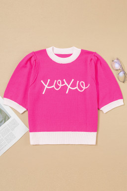 Bright Pink XOXO Embroidered Graphic Valentines Contrast Trim Crew Neck Short Puff Sleeve Sweater Tee
