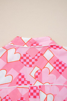 Pink Heart Print Shirt Style Silky Short Pajama Set