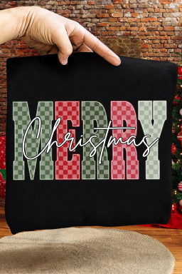 Black Plaid Checkered MERRY Christmas Graphic Crew Neck Tee