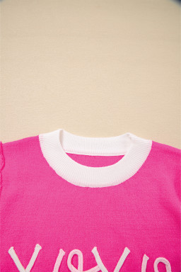 Bright Pink XOXO Embroidered Graphic Valentines Contrast Trim Crew Neck Short Puff Sleeve Sweater Tee