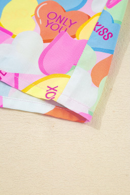 Pink Valentines Candy Heart V Neck Collared Tunic Shirt and Shorts 2pcs Pajama Set