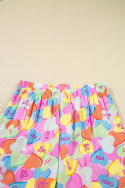 Pink Valentines Candy Heart V Neck Collared Tunic Shirt and Shorts 2pcs Pajama Set