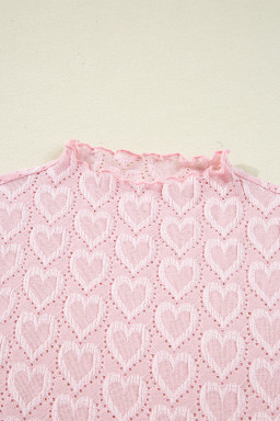 Gossamer Pink Heart Jacquard Flare Sleeve Mock Neck Fitted Top