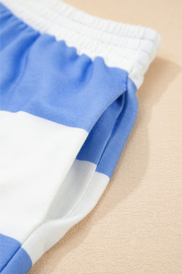 Sky Blue Stripe Seam Detail Half Zip Tee Casual Shorts 2pcs Set