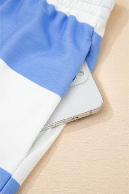 Sky Blue Stripe Seam Detail Half Zip Tee Casual Shorts 2pcs Set