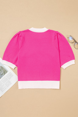 Bright Pink XOXO Embroidered Graphic Valentines Contrast Trim Crew Neck Short Puff Sleeve Sweater Tee