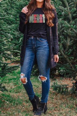 Black Plaid Checkered MERRY Christmas Graphic Crew Neck Tee