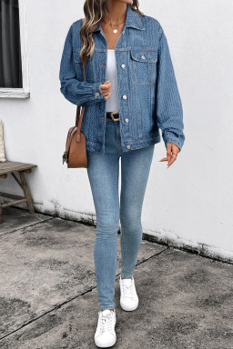 Blue Double Flap Pocket Denim Textured Button Down Jacket