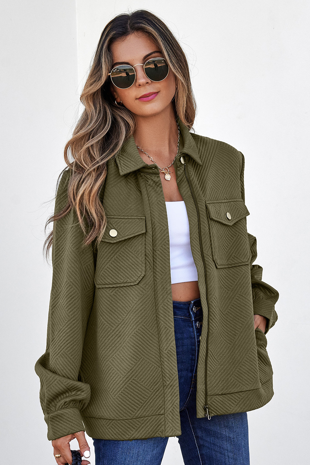Blackish Green Solid Color Zip Up Button Flap Pocket Shirt Collar Jackets