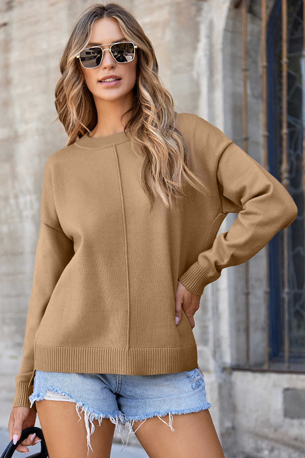 Light French Beige Front Center Seam Drop Shoulder Pullover Solid Sweater