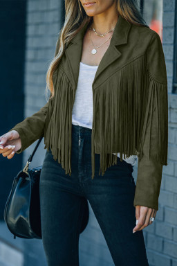 Green Cropped Fringe Faux Suede Jacket