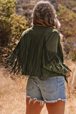 Green Cropped Fringe Faux Suede Jacket