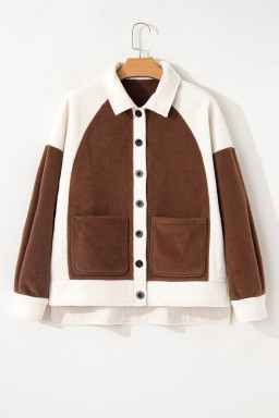 Brown Color Block Patchwork Button Down Fleece Shacket
