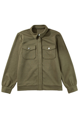 Blackish Green Solid Color Zip Up Button Flap Pocket Shirt Collar Jackets
