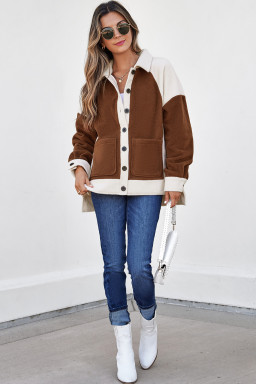 Brown Color Block Patchwork Button Down Fleece Shacket