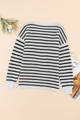 White Striped Knit Split Hem Baggy Sweater