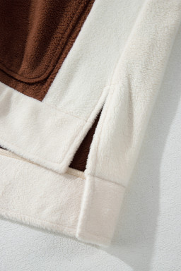 Brown Color Block Patchwork Button Down Fleece Shacket