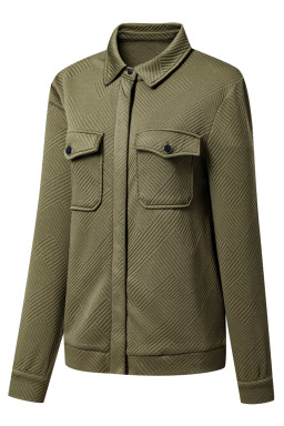 Blackish Green Solid Color Zip Up Button Flap Pocket Shirt Collar Jackets
