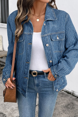Blue Double Flap Pocket Denim Textured Button Down Jacket