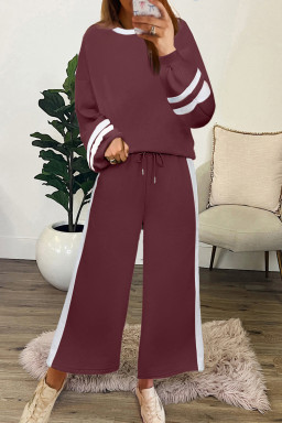 Mineral Red Varsity Stripe Patchwork Puff Sleeve Pullover Drawstring Wide Leg Pant Set