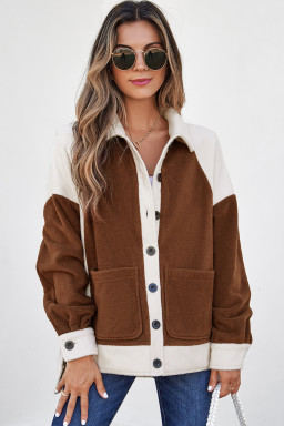 Brown Color Block Patchwork Button Down Fleece Shacket