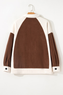 Brown Color Block Patchwork Button Down Fleece Shacket
