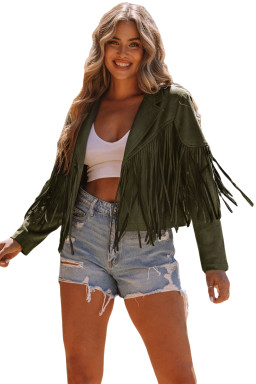 Green Cropped Fringe Faux Suede Jacket