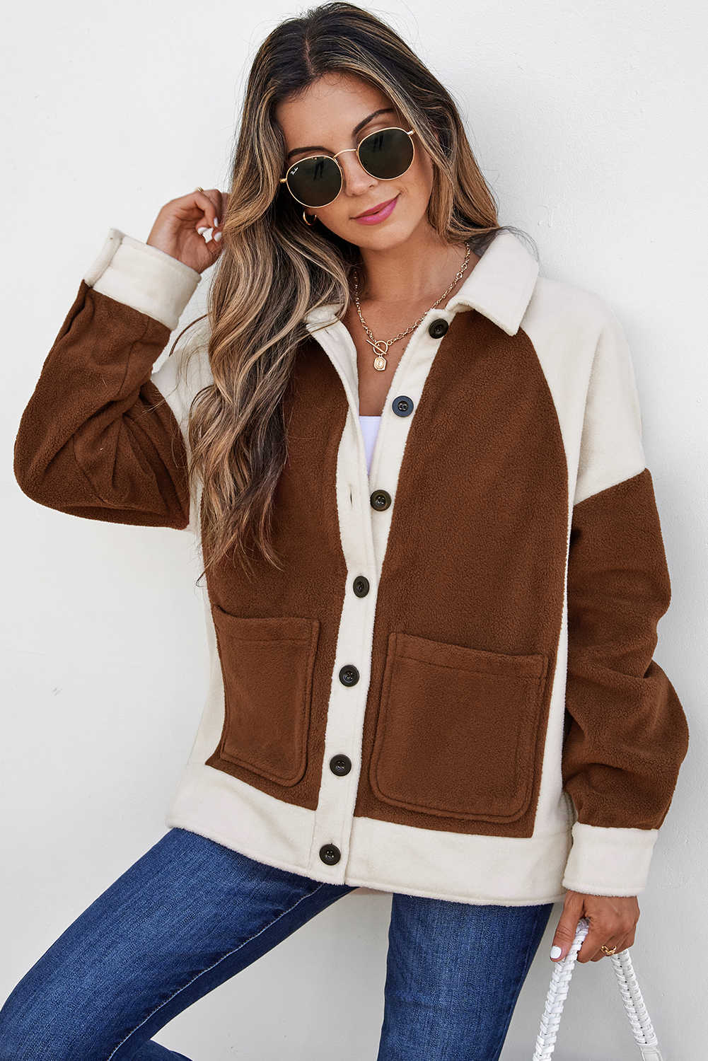 Brown Color Block Patchwork Button Down Fleece Shacket