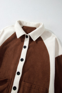 Brown Color Block Patchwork Button Down Fleece Shacket