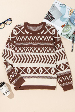 Brown Abstract Print Pullover Sweater