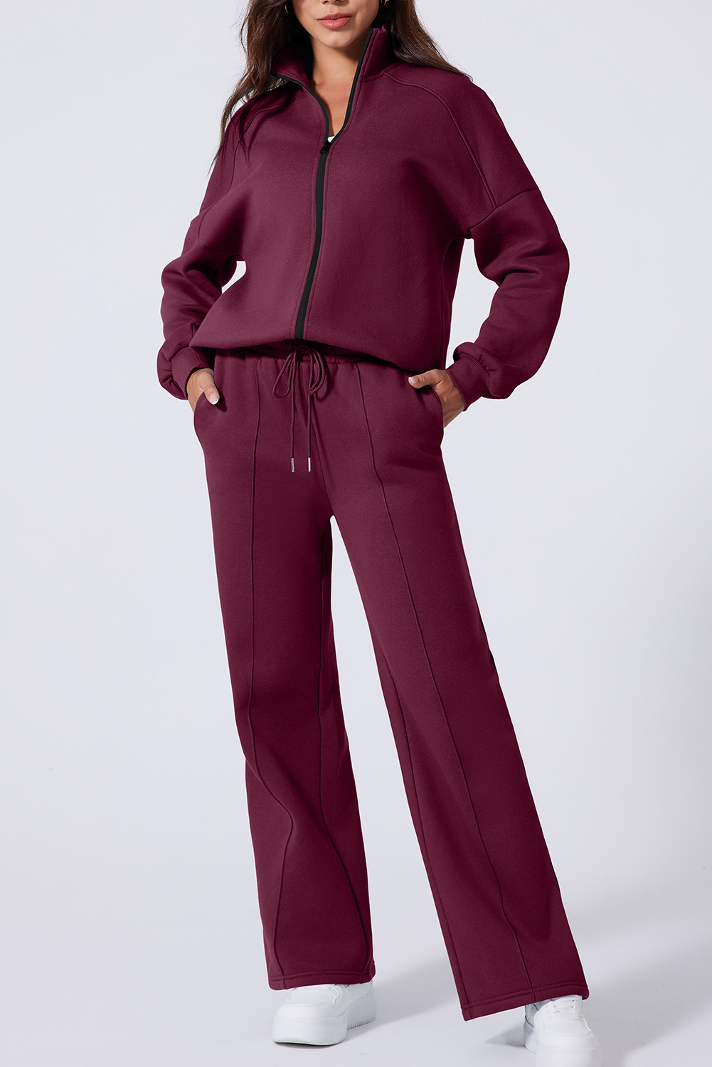 Burgundy Drop Shoulder Zip Up Jacket Drawstring Pants Active 2pcs Set