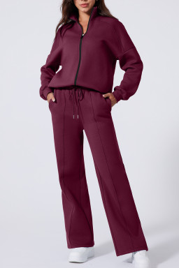 Burgundy Drop Shoulder Zip Up Jacket Drawstring Pants Active 2pcs Set