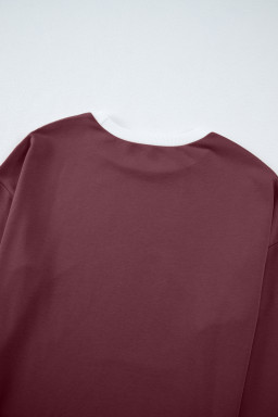 Mineral Red Varsity Stripe Patchwork Puff Sleeve Pullover Drawstring Wide Leg Pant Set