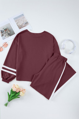 Mineral Red Varsity Stripe Patchwork Puff Sleeve Pullover Drawstring Wide Leg Pant Set