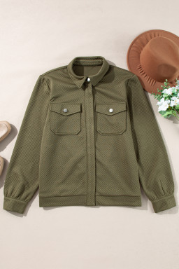 Blackish Green Solid Color Zip Up Button Flap Pocket Shirt Collar Jackets
