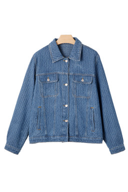 Blue Double Flap Pocket Denim Textured Button Down Jacket