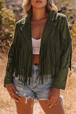 Green Cropped Fringe Faux Suede Jacket
