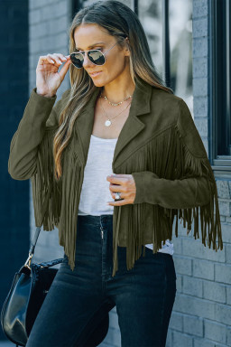 Green Cropped Fringe Faux Suede Jacket