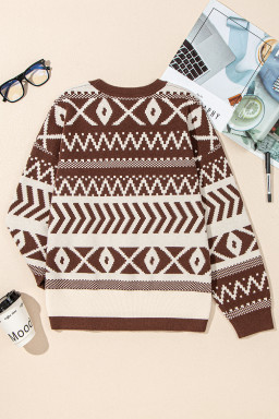 Brown Abstract Print Pullover Sweater