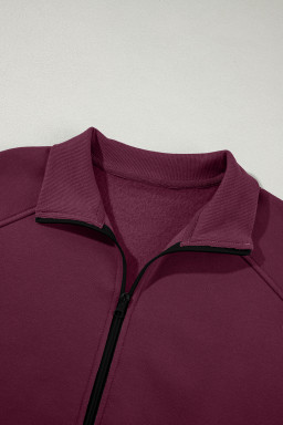 Burgundy Drop Shoulder Zip Up Jacket Drawstring Pants Active 2pcs Set