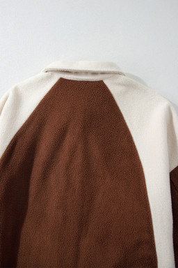 Brown Color Block Patchwork Button Down Fleece Shacket